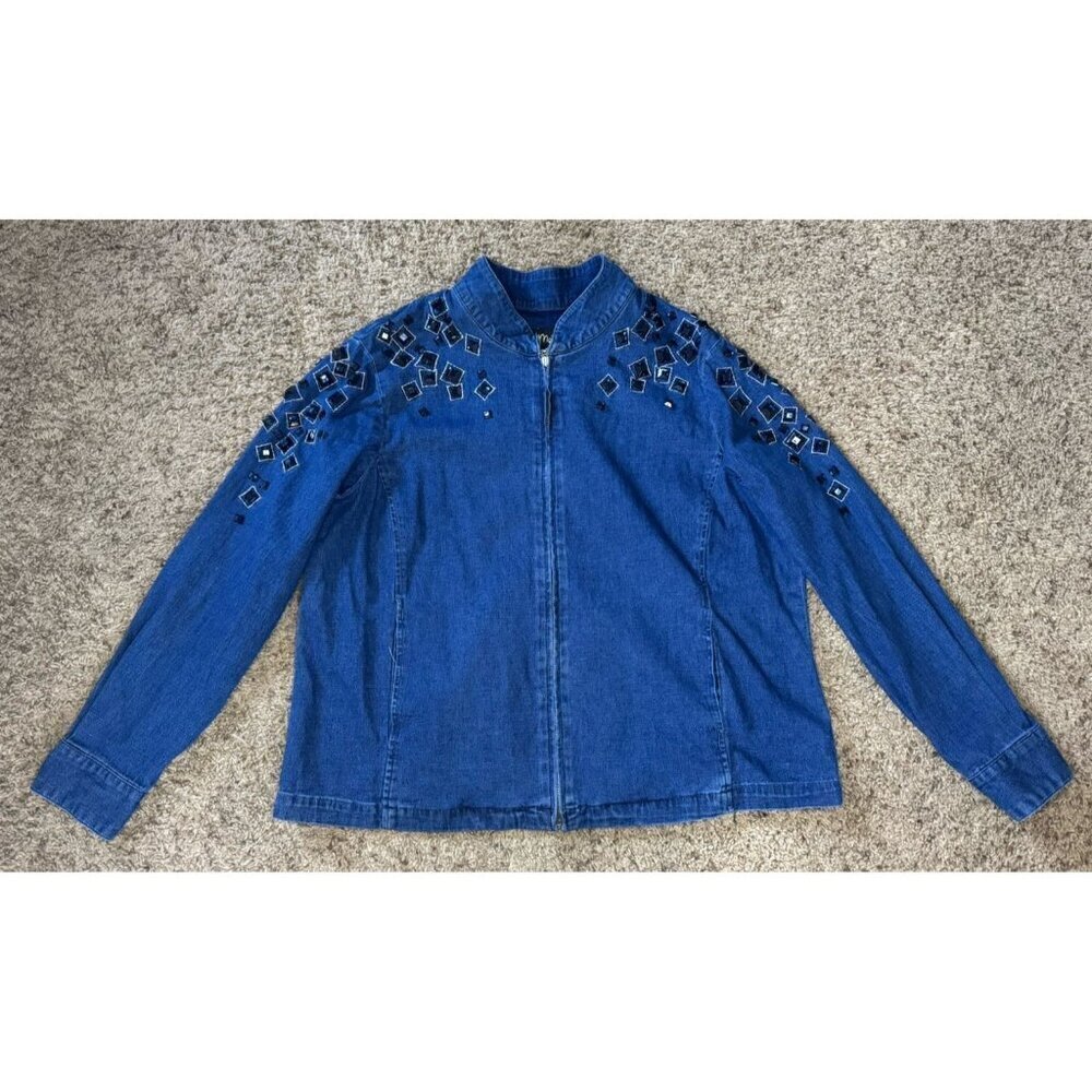 BOB MACKIE Blue Denim Full Zip Jacket Top Beaded Rhinestone Artsy Pockets LARGE